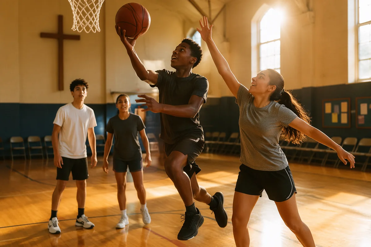 Teenagers Playing Basketball in Church Gym