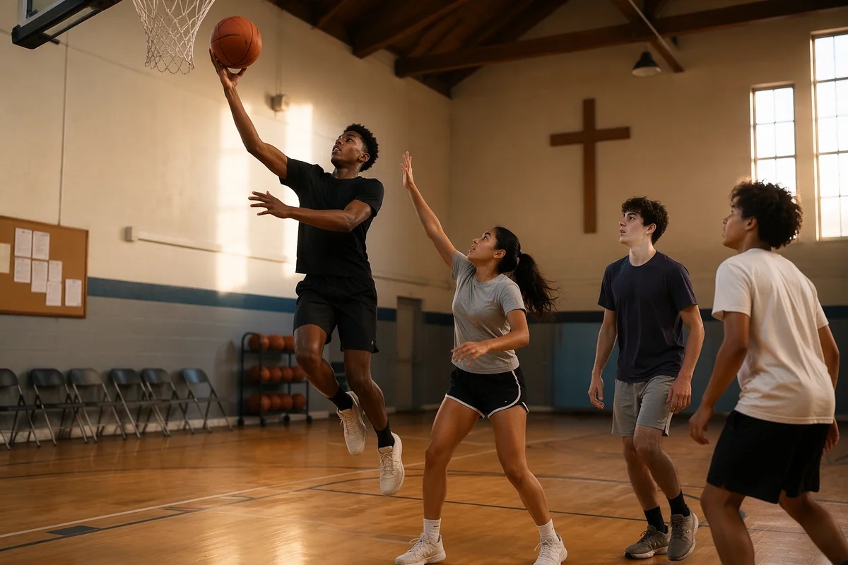 Teenagers Playing Basketball in Church Gym