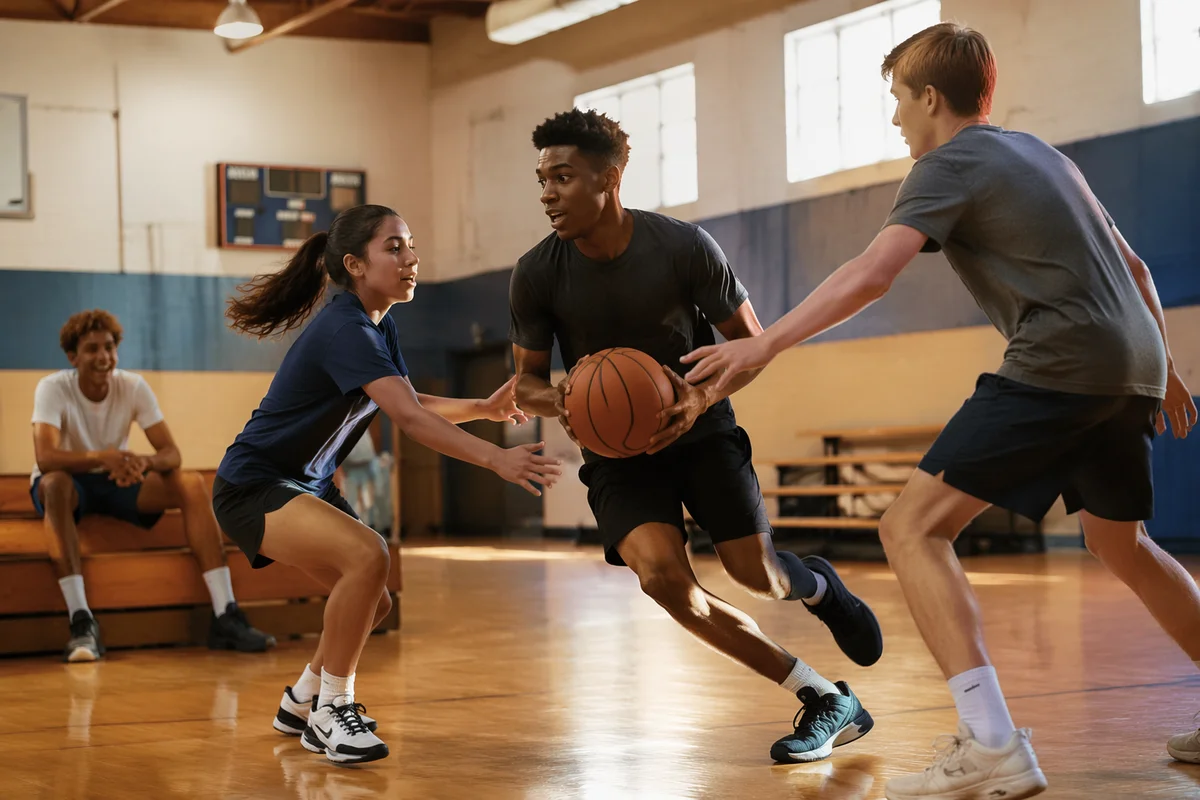 Teenagers Playing Basketball in Church Gym