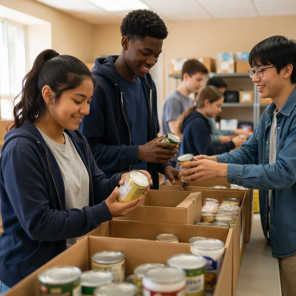 Teens Sorting Donations at Church Food Pantry