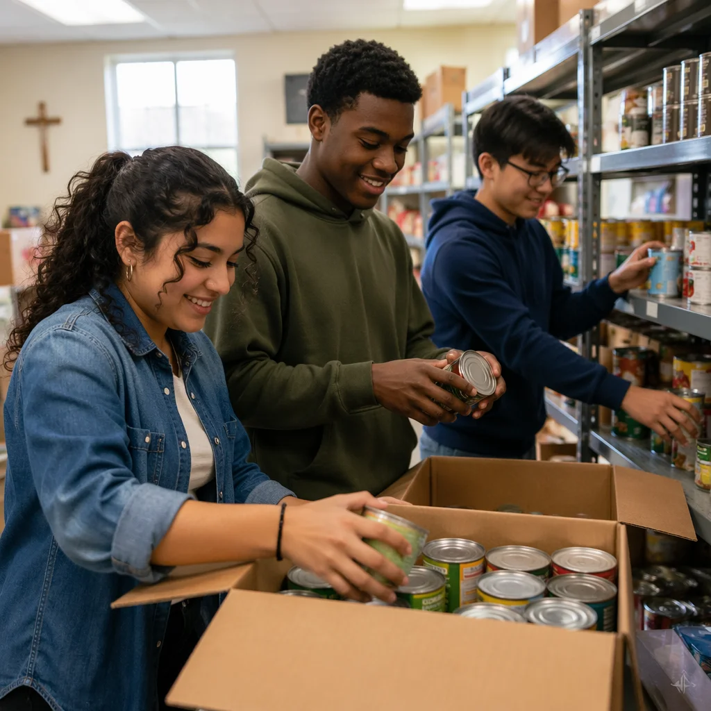 Teen Volunteers Sorting Cans Indoors