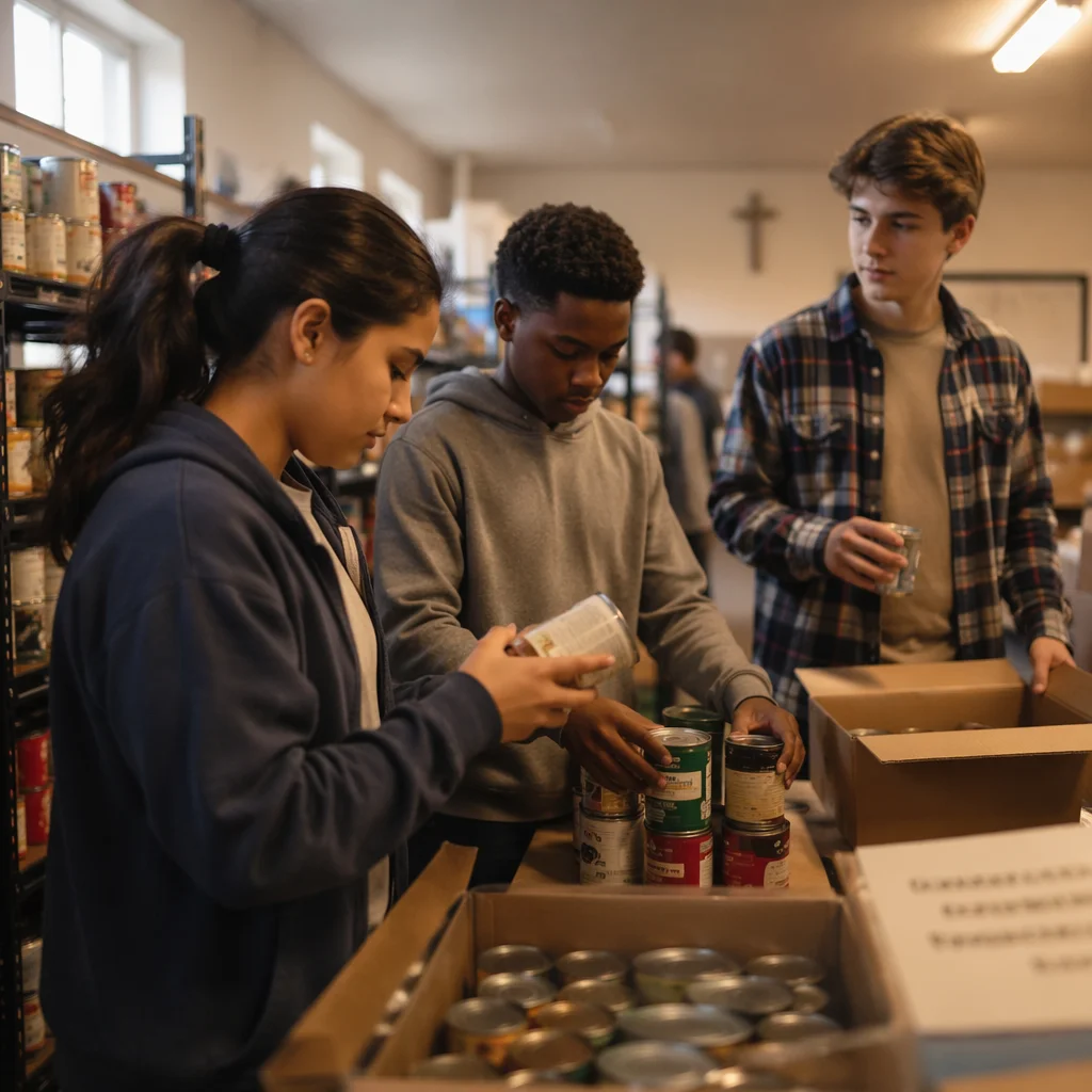 Teen Volunteers Sorting Cans in Pantry