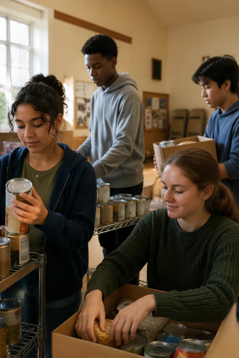 Teen Volunteers Sorting Canned Goods Indoors
