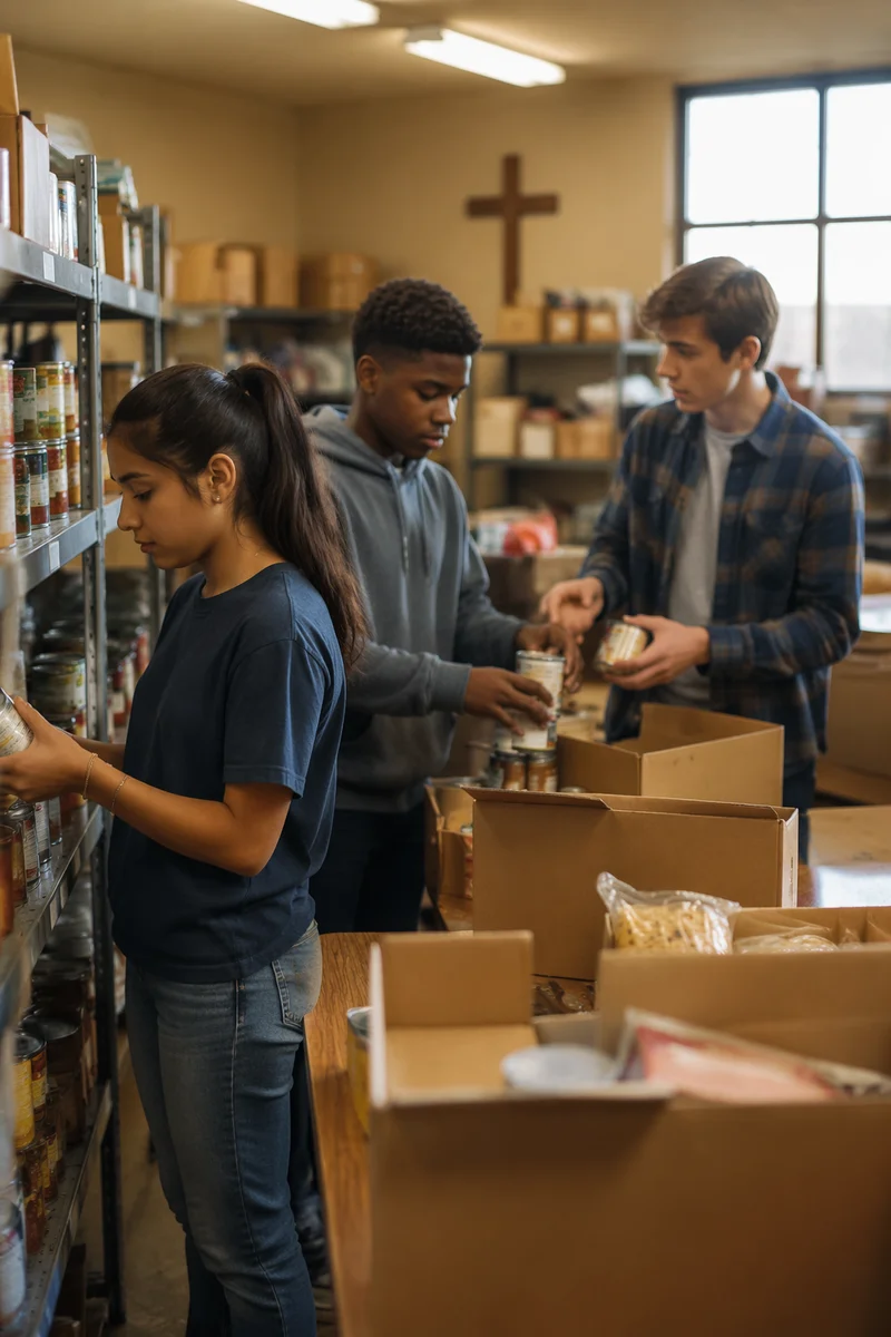 Teen Volunteers Sorting Canned Food Donations