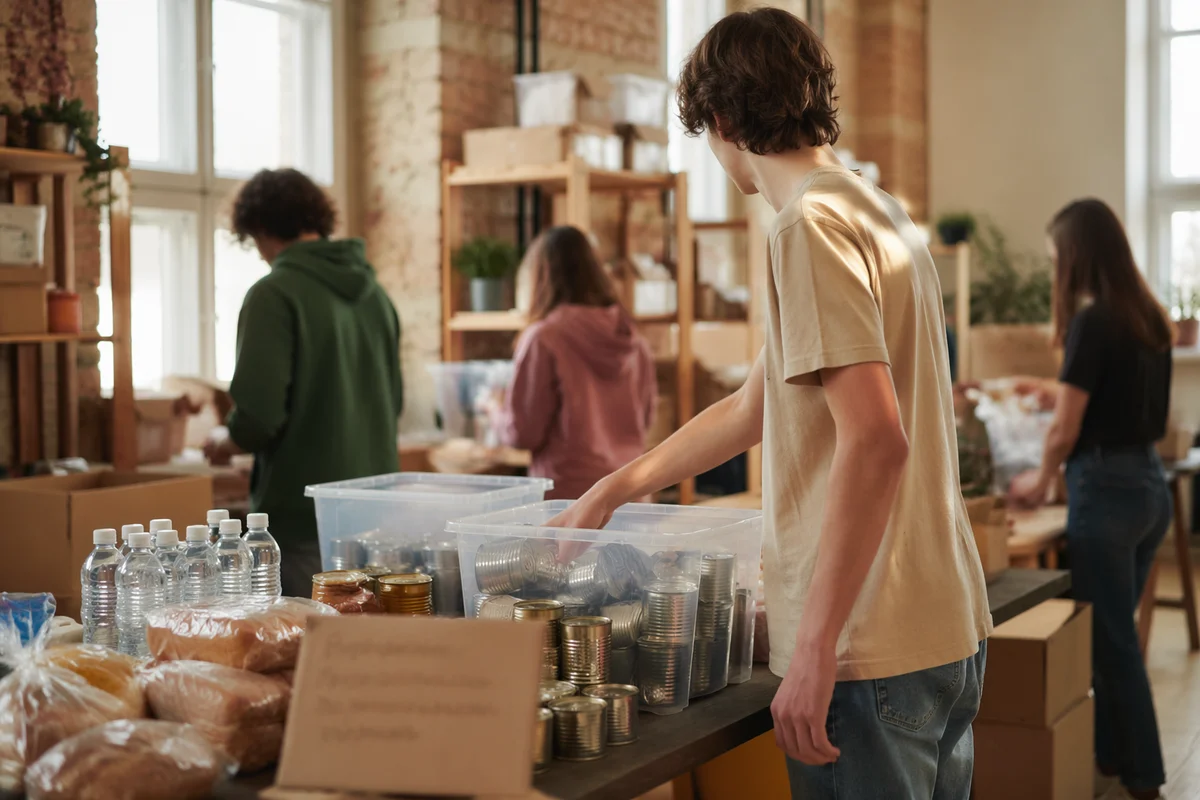 Teen Volunteers Sorting Donations at Church Pantry