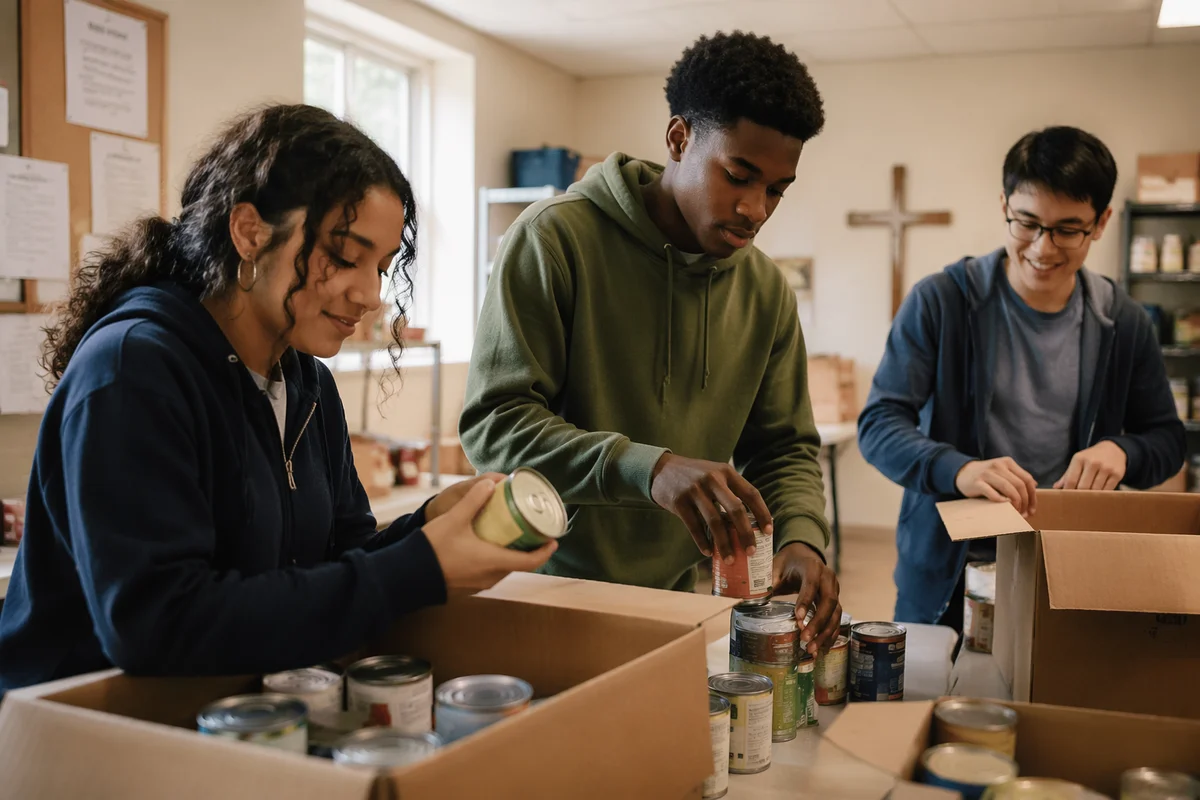 Teen Volunteers Sorting Cans in Pantry