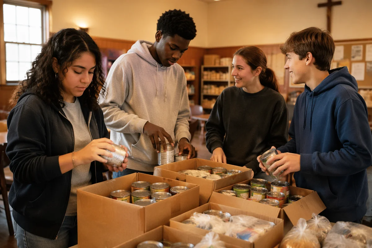 Teen Volunteers Sorting Canned Goods Together