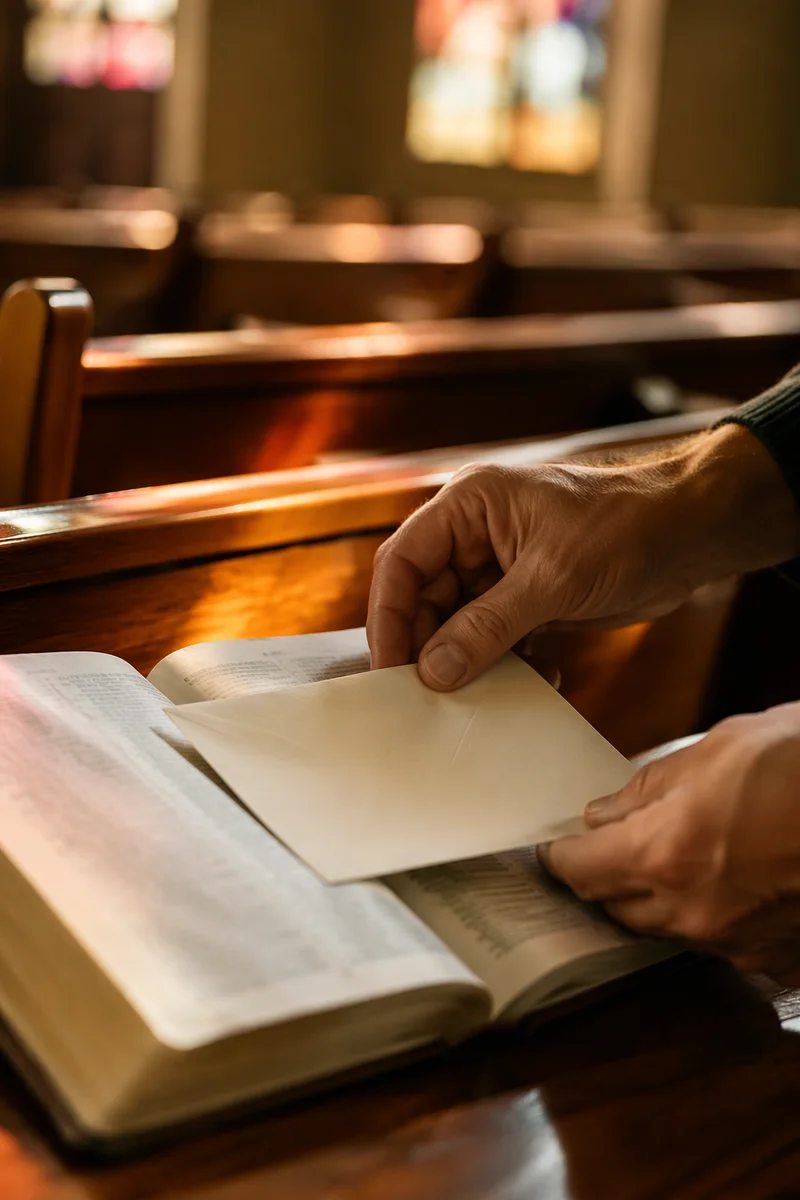 Offering Envelope on Open Bible in Pew