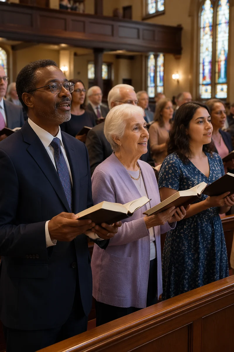 Congregation Singing from Hymnals in Church