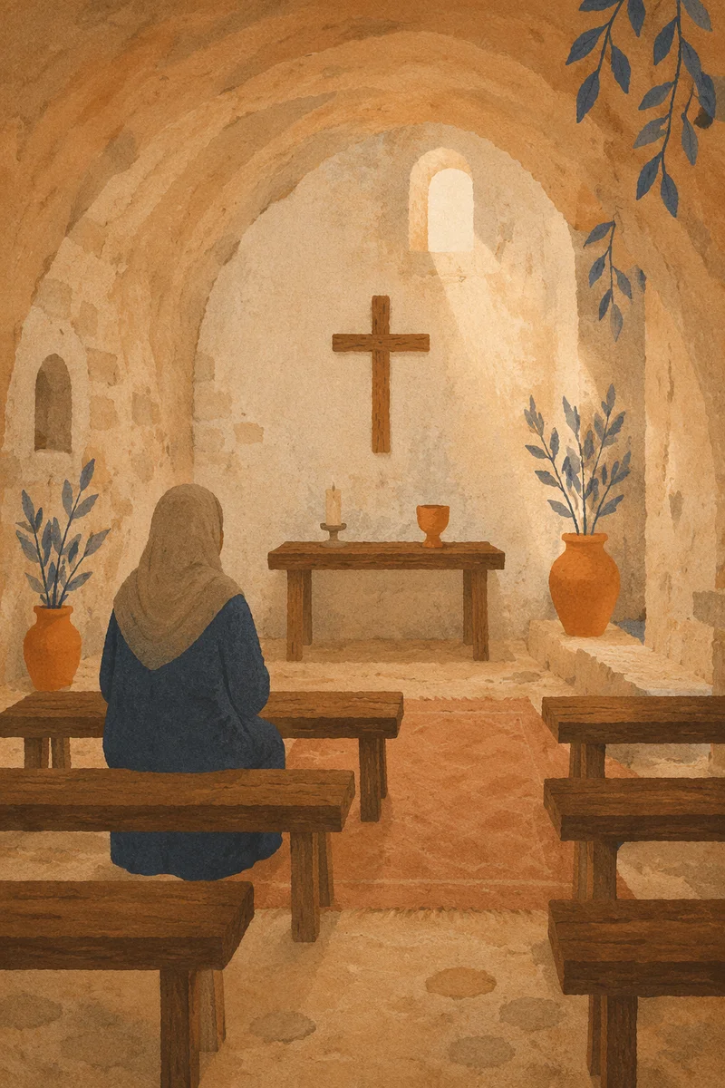 Quiet Underground Church Room with Wooden Cross