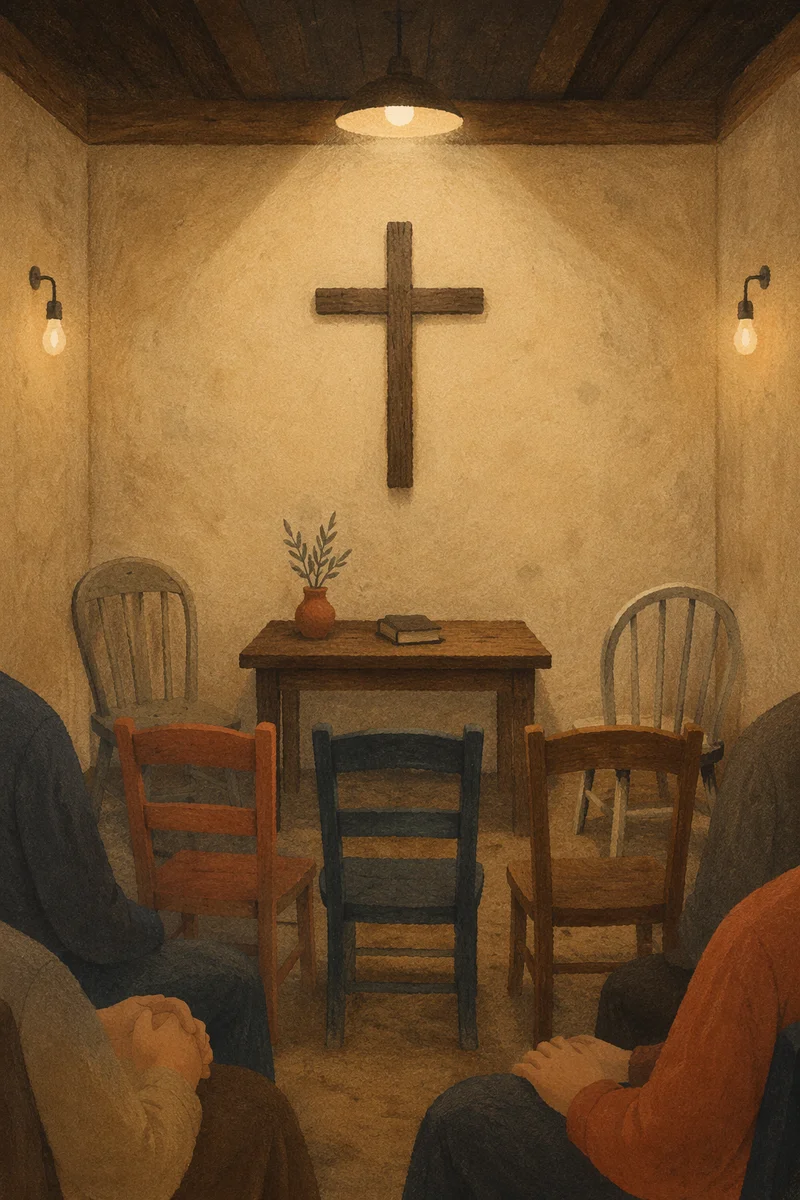 Quiet Underground Church Room with Wooden Cross