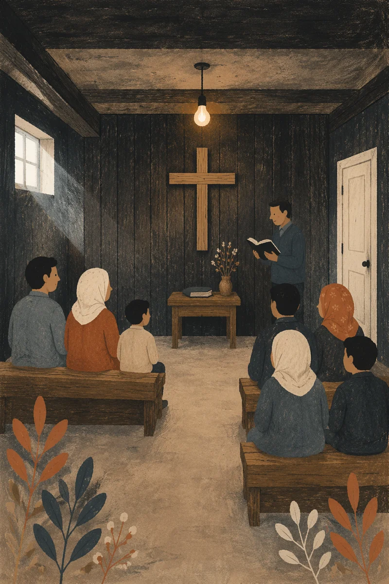 Humble Underground Church Room with Wooden Cross