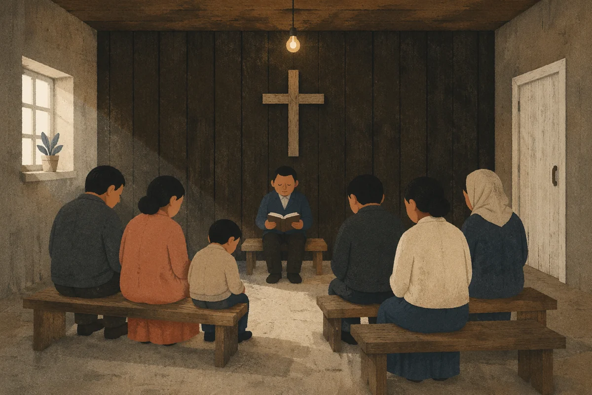 Humble Underground Church Room with Wooden Cross