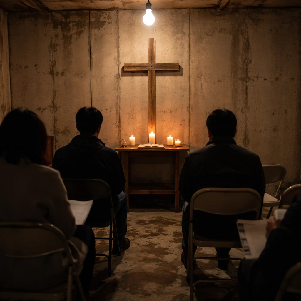 Humble Underground Church Room with Cross