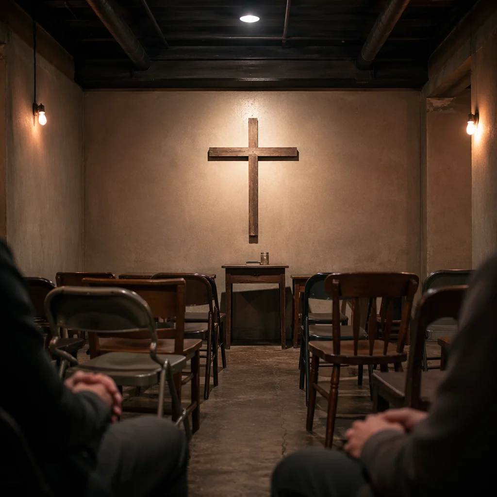 Quiet Underground Church Room with Wooden Cross