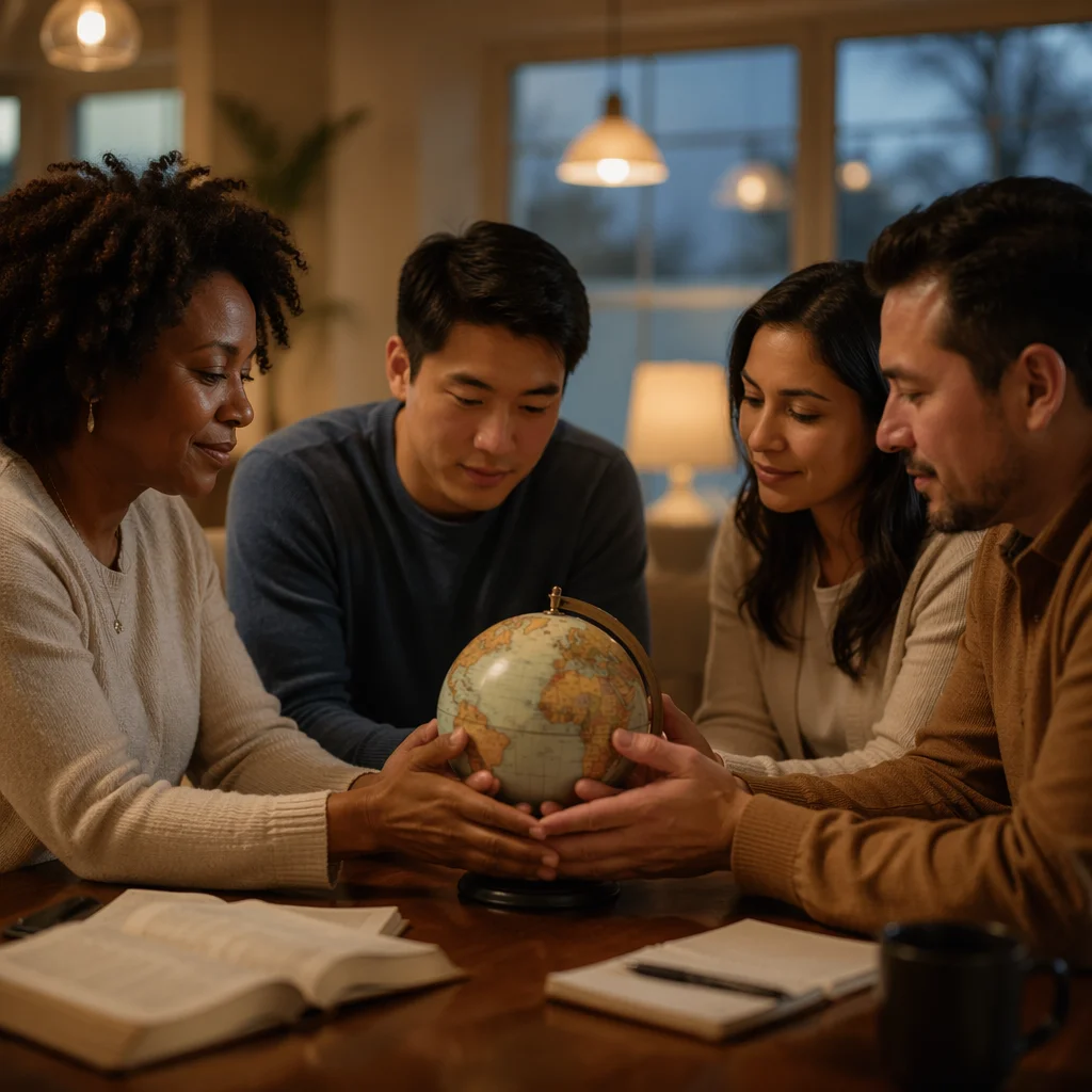 Small Group Around Globe at Dusk