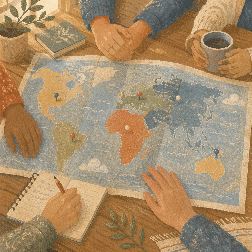 Hands Gathering Around World Prayer Map