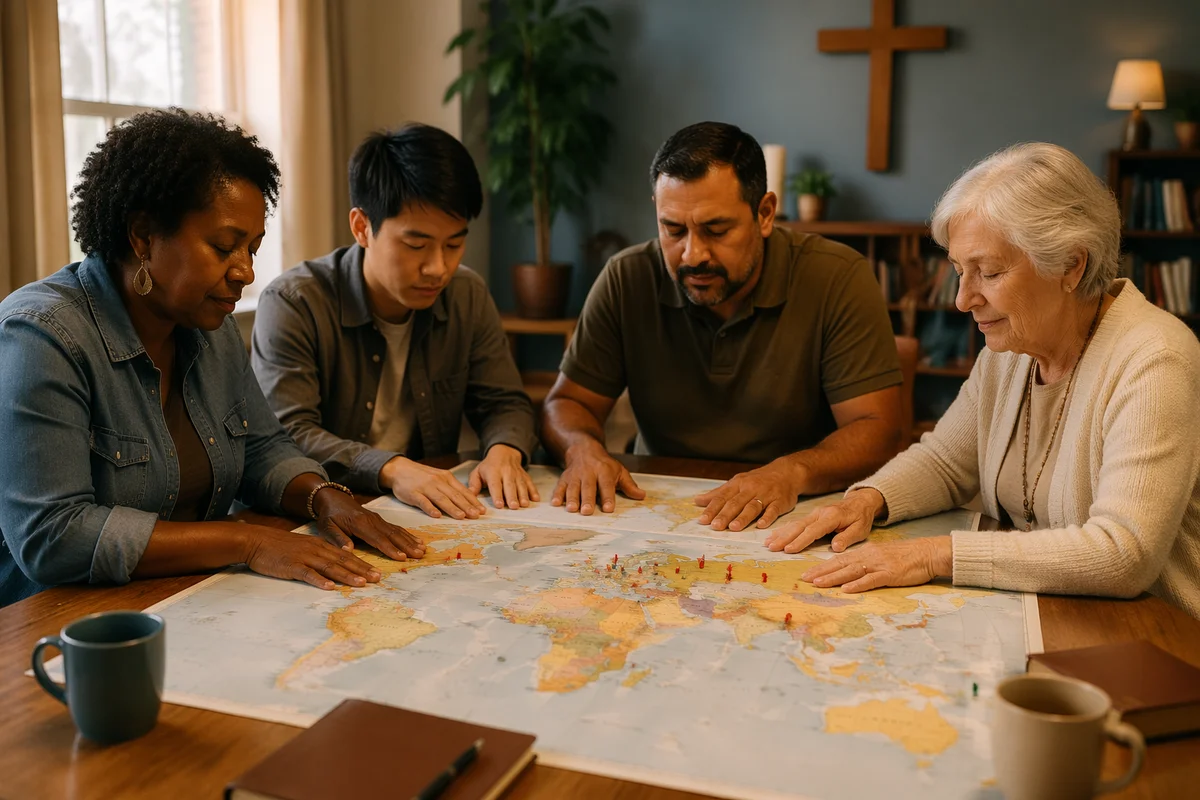Small Group Praying Over World Map