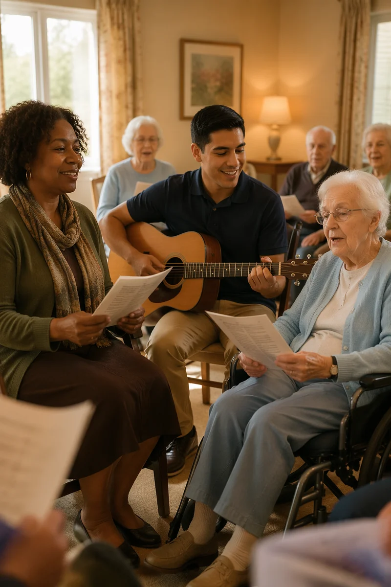 Volunteers Singing with Seniors in Common Room