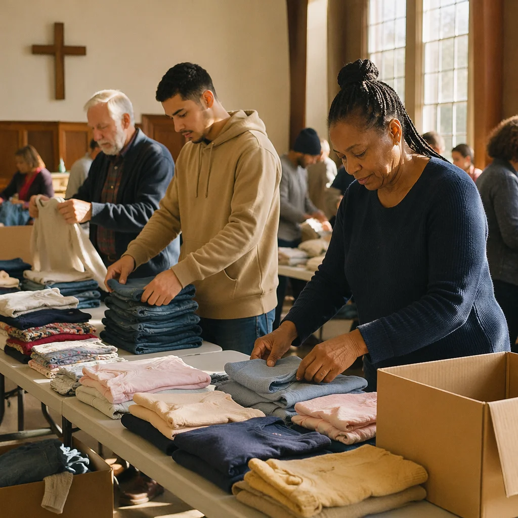Church Volunteers Sorting Donated Clothes Together