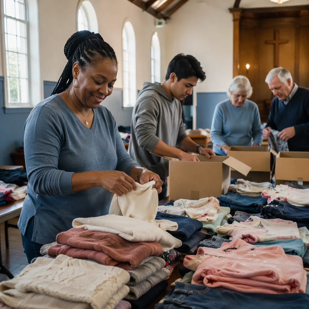 Volunteers Sorting Donated Clothes Indoors