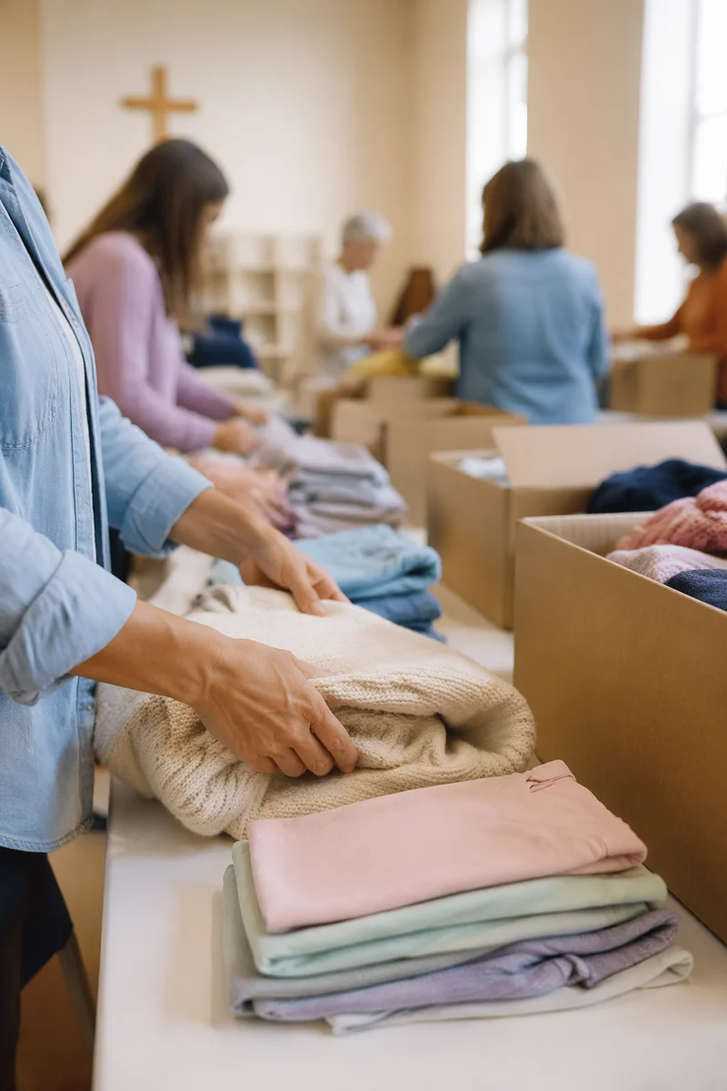 Church Volunteers Sorting Donated Clothes Indoors