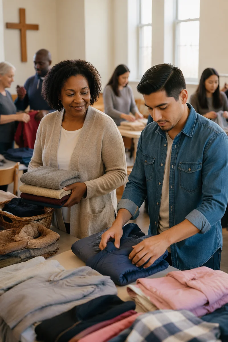 Volunteers Sorting Donated Clothes Indoors