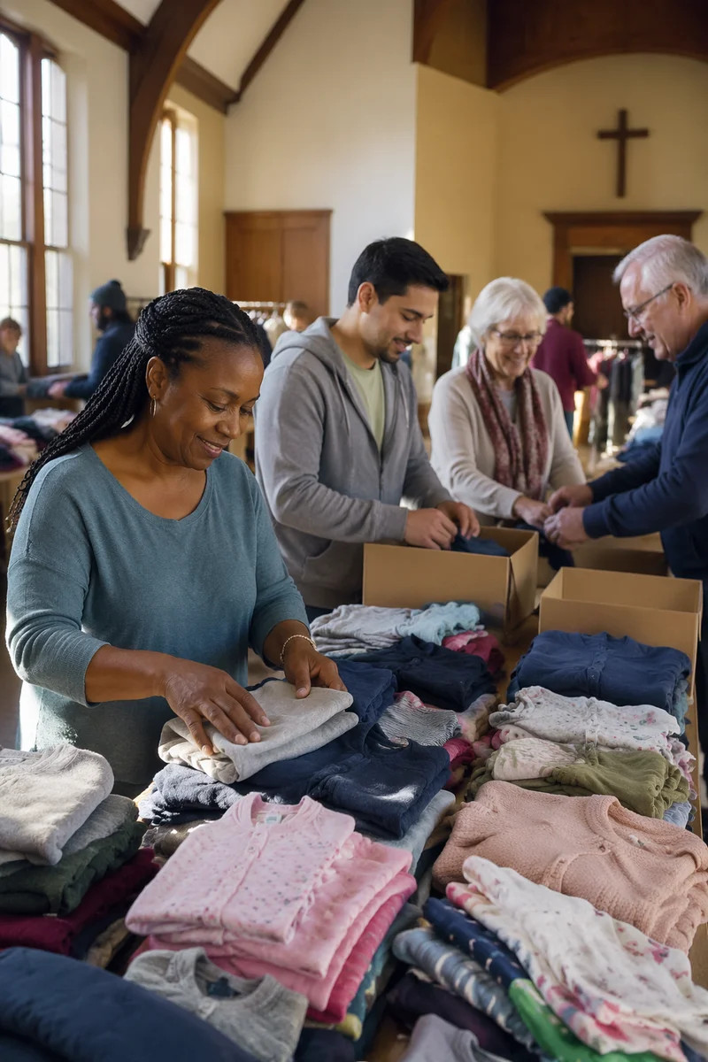 Volunteers Sorting Donated Clothes Indoors