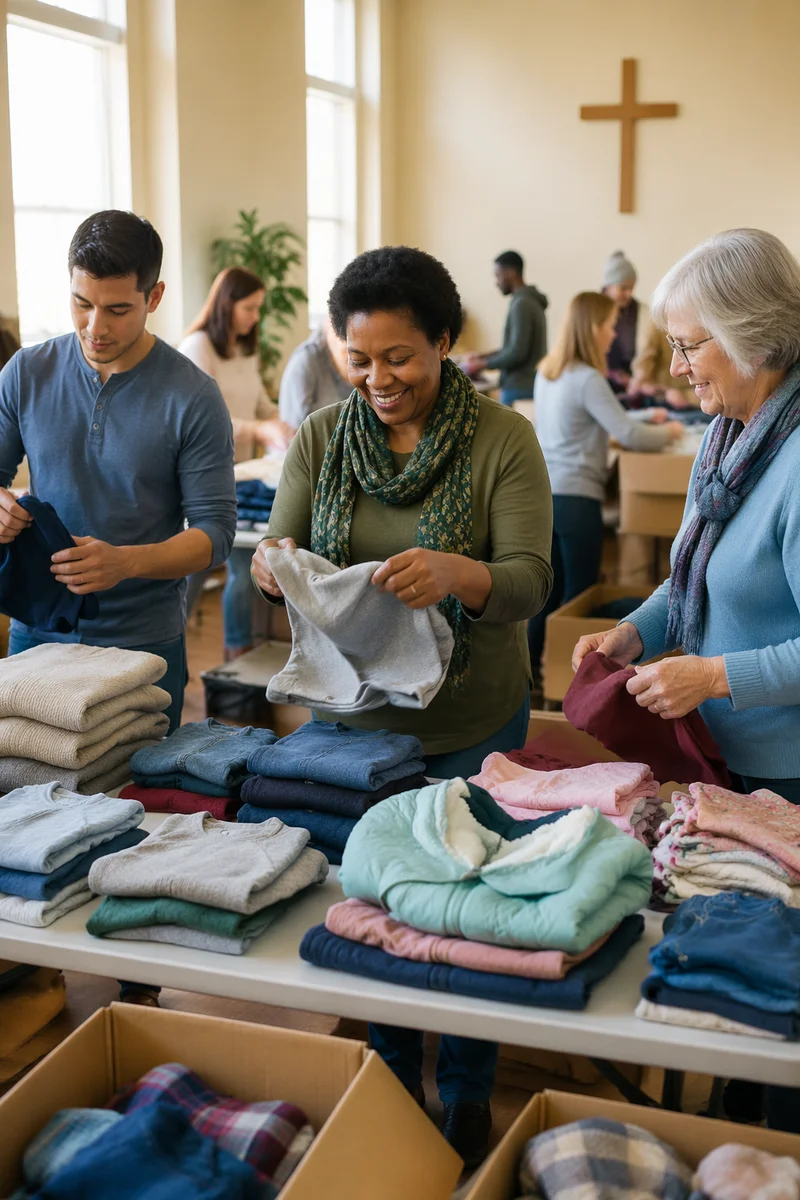 Volunteers Sorting Donated Clothes Indoors