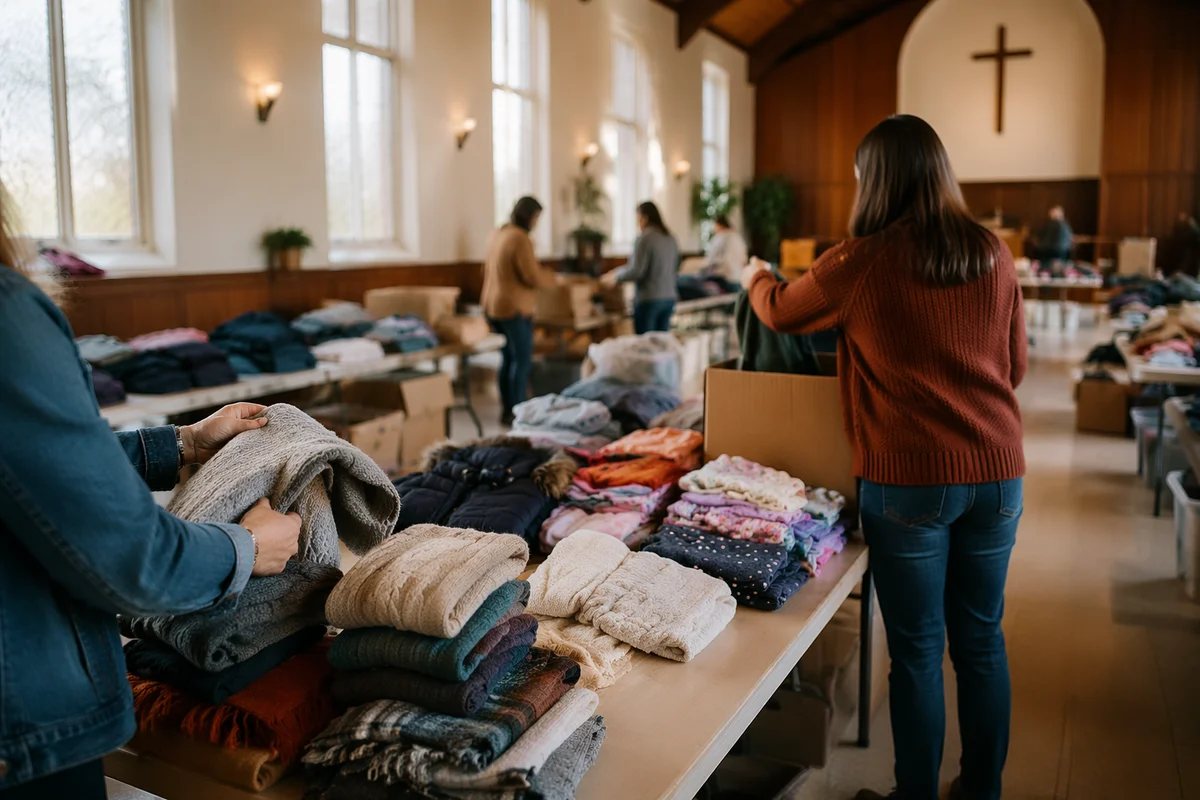 Church Volunteers Sorting Donated Clothes Indoors