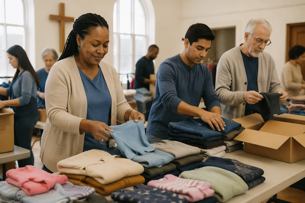 Volunteers Sorting Donated Clothes in Hall