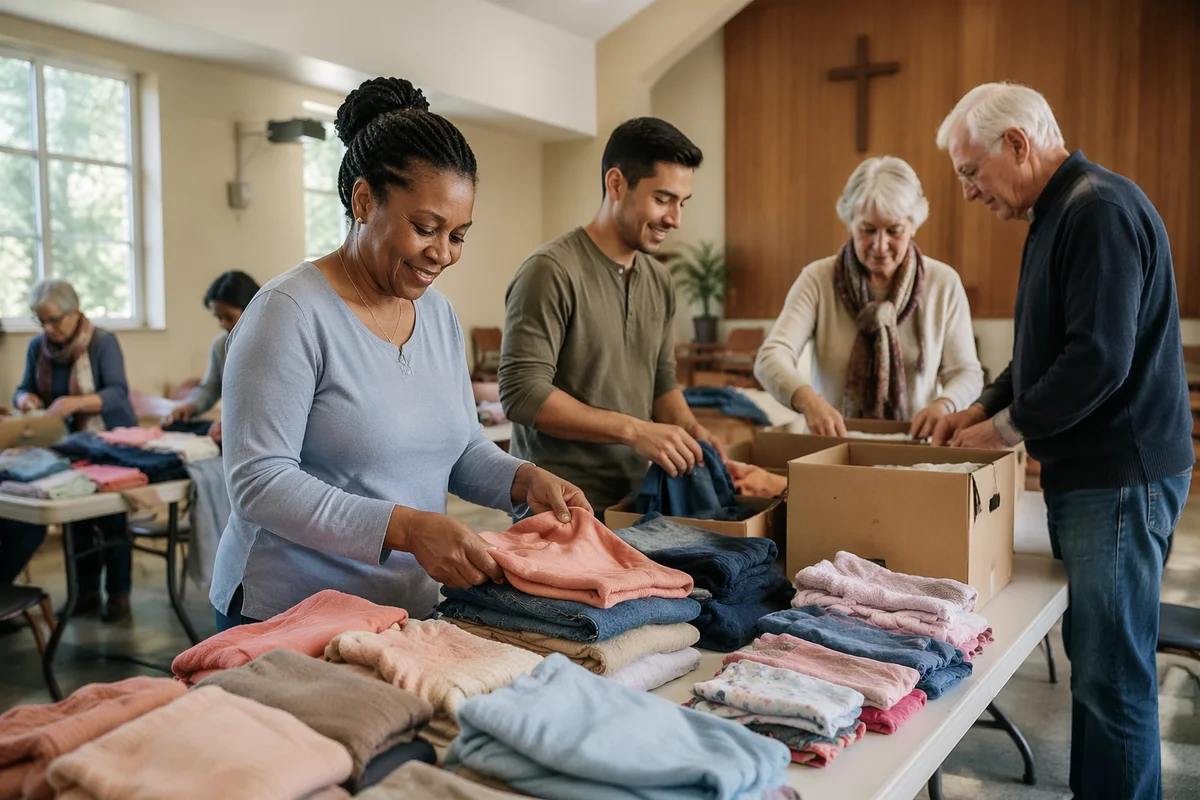 Volunteers Sorting Donated Clothes Indoors