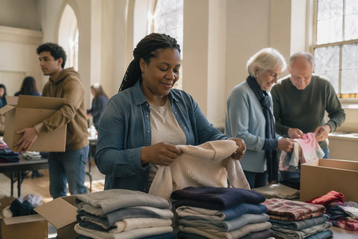 Volunteers Sorting Donated Clothes Indoors