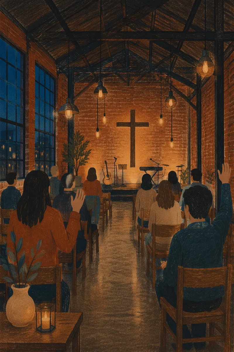 Industrial Warehouse Church Evening Worship Interior