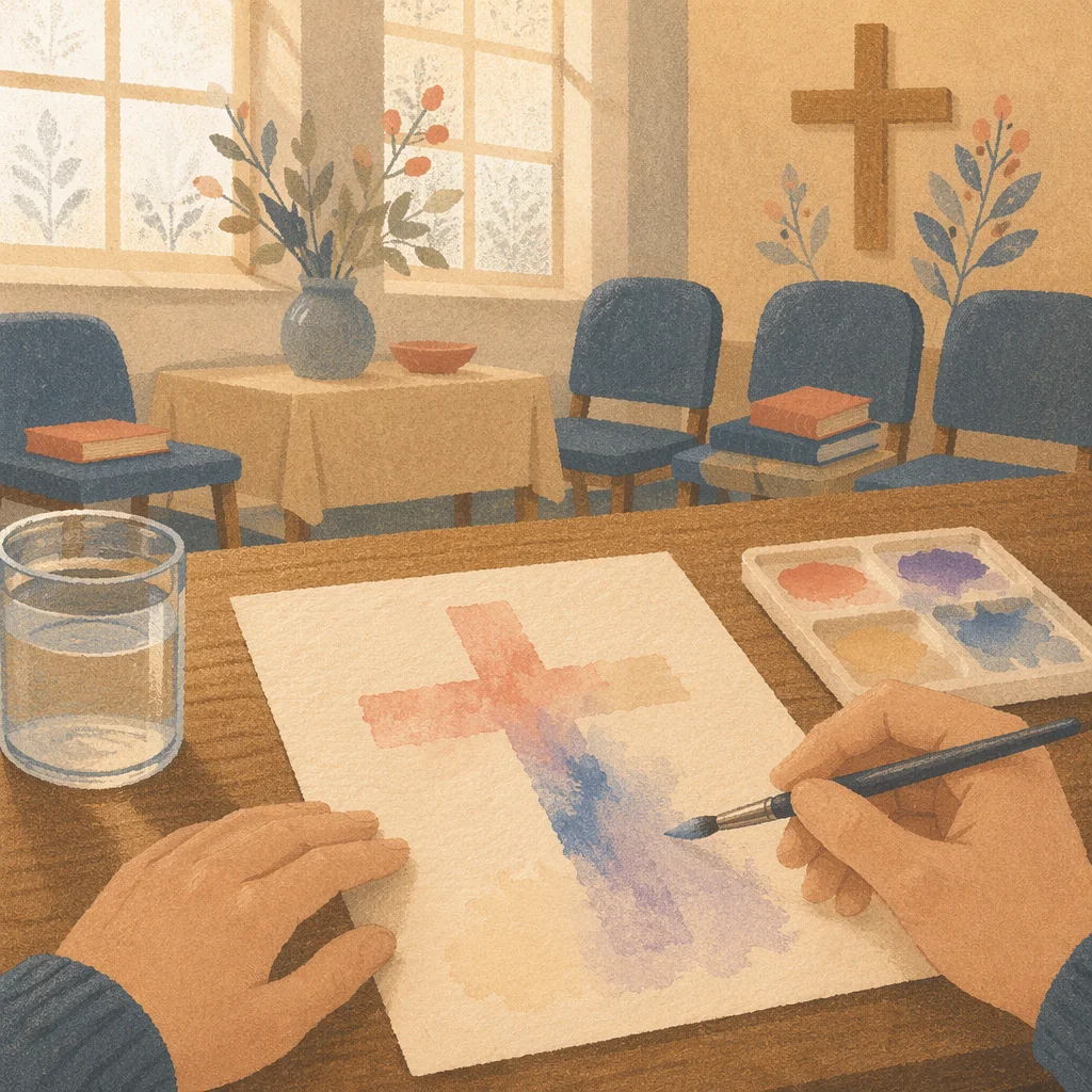 Watercolor Cross in Quiet Fellowship Room