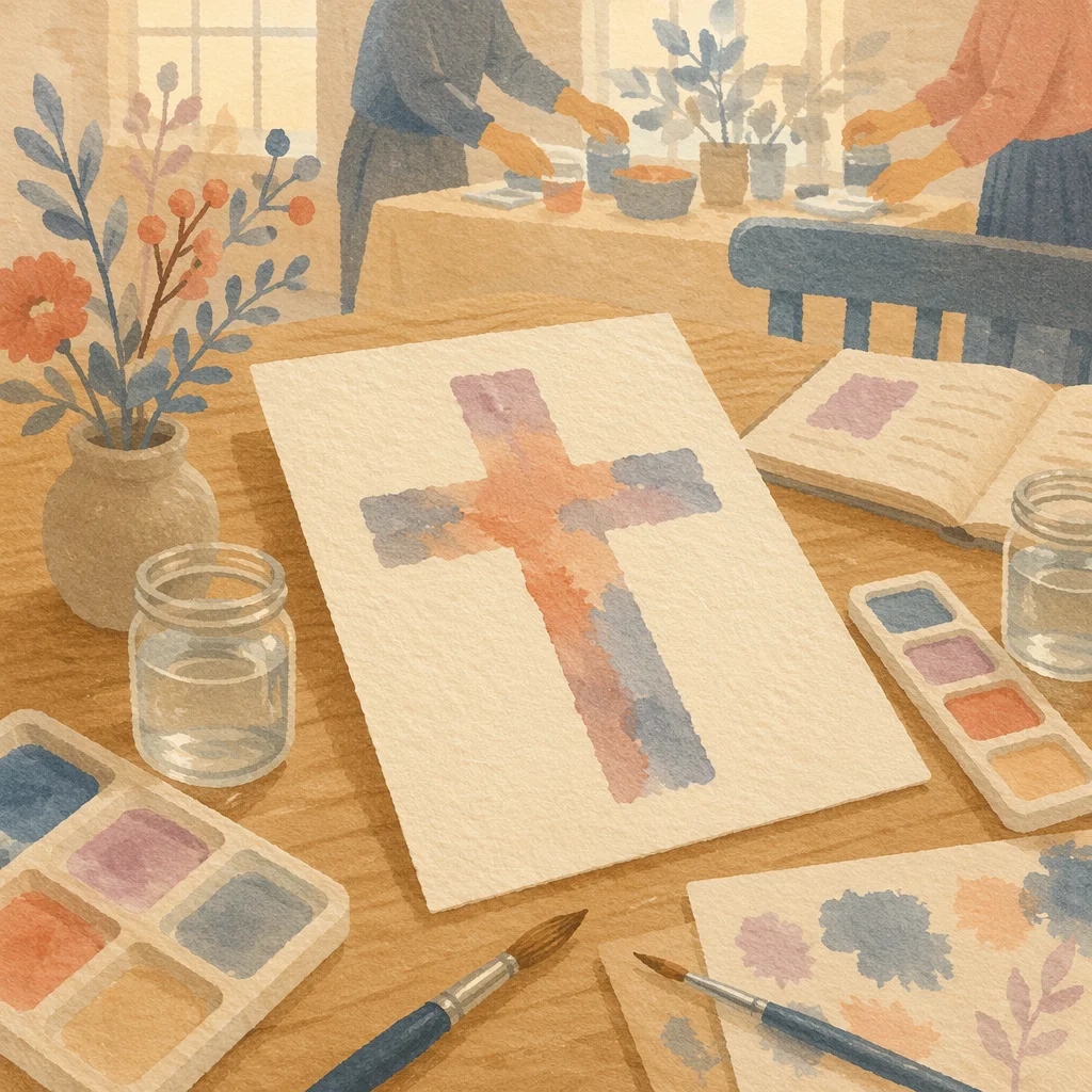 Soft Watercolor Cross on Fellowship Table