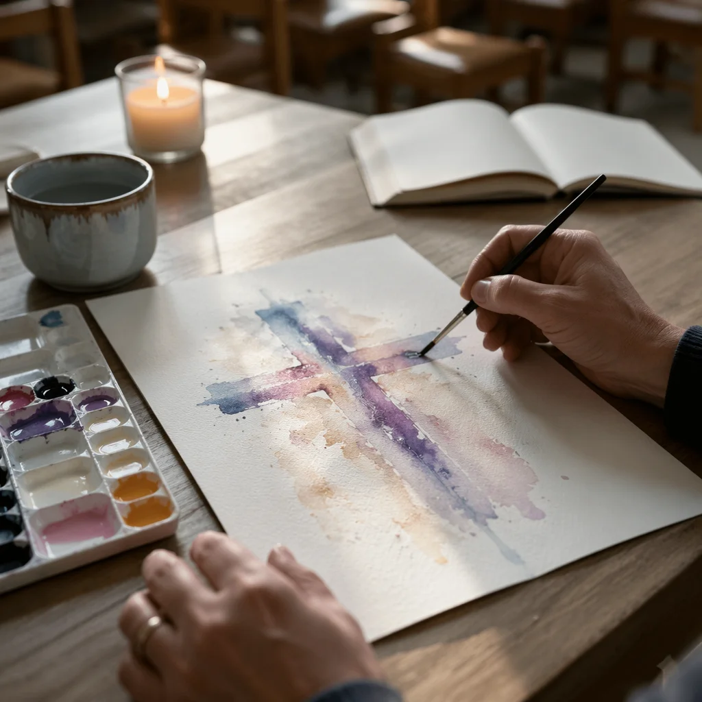 Hands Painting Watercolor Cross on Paper