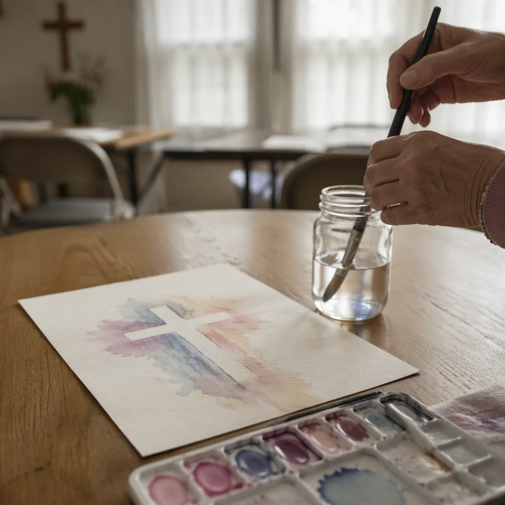 Soft Watercolor Cross on Fellowship Art Table