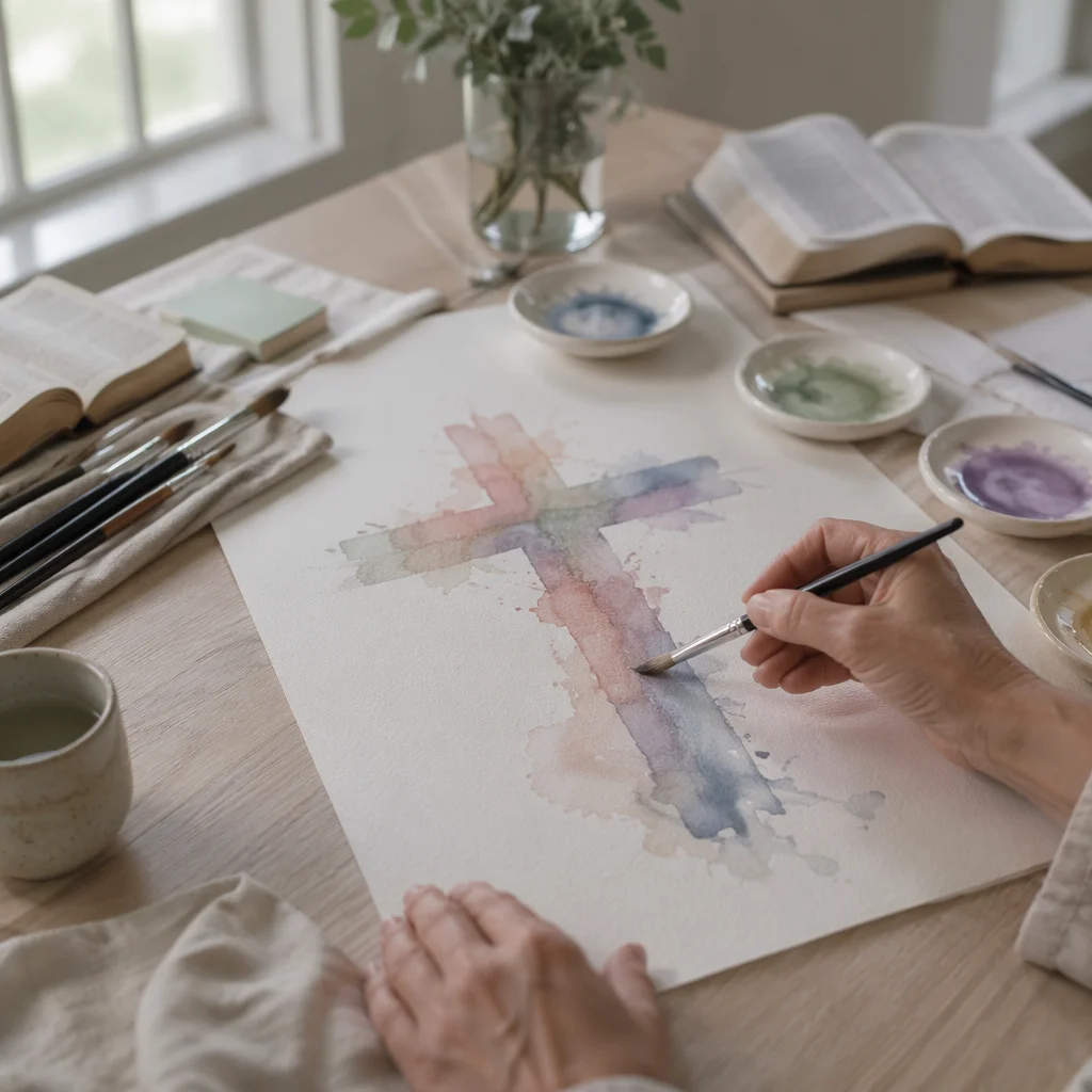 Soft Watercolor Cross on Church Art Table