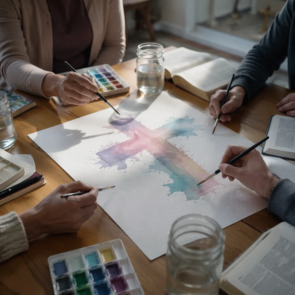 Watercolor Cross Fellowship Table in Pastels
