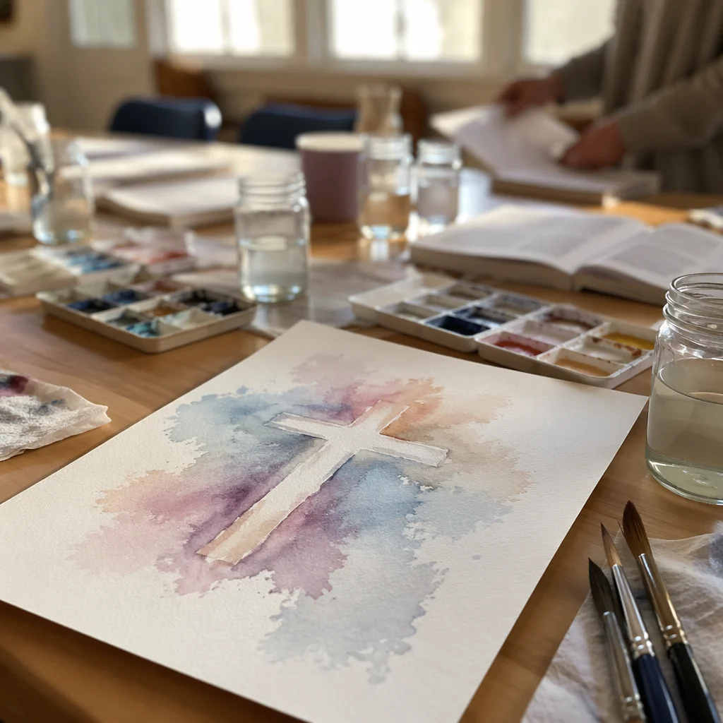 Soft Watercolor Cross Workshop Background