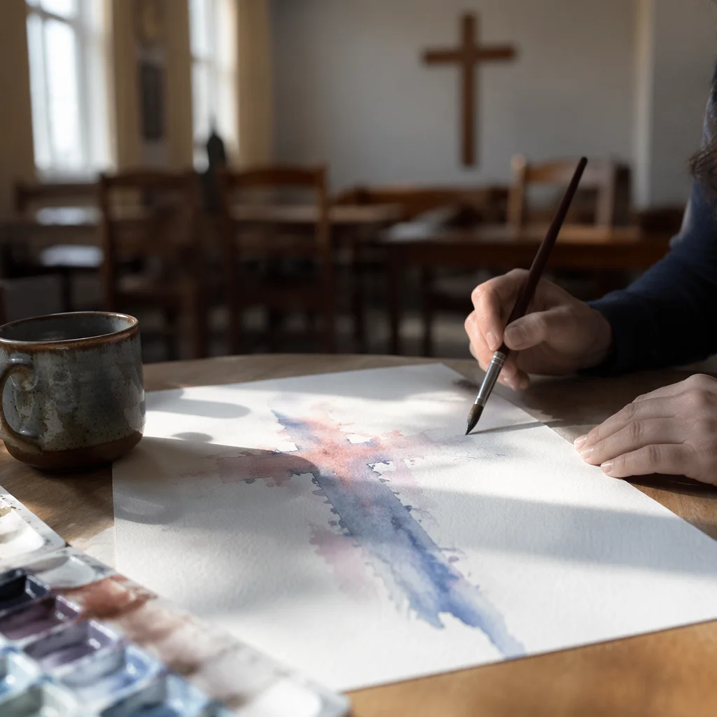 Soft Watercolor Cross on Church Art Table