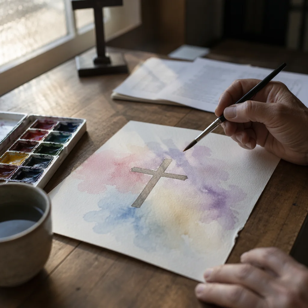 Soft Watercolor Cross on Church Table