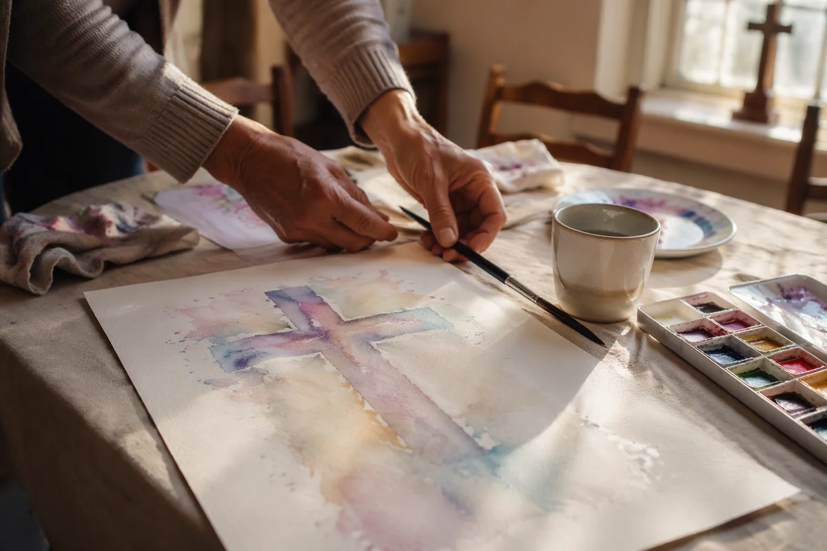 Pastel Watercolor Cross on Church Art Table