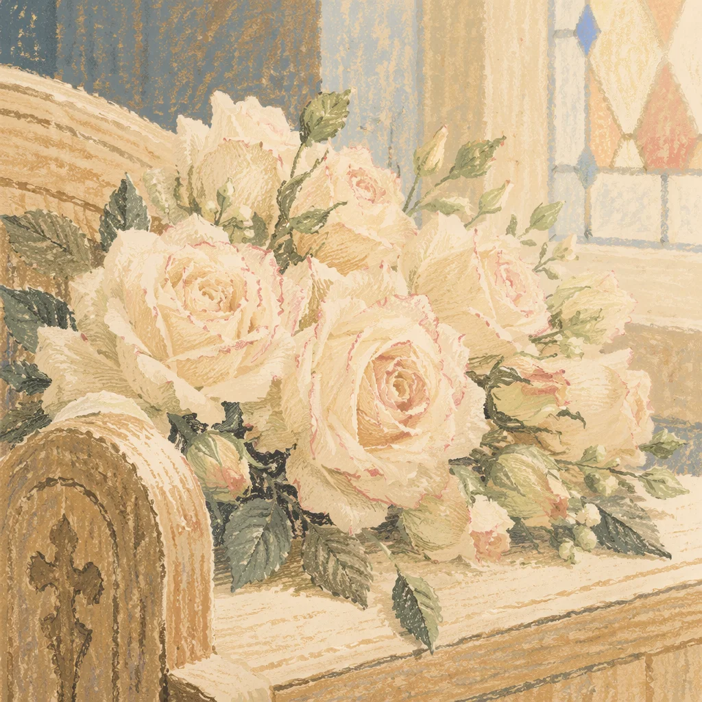Elegant White Rose Wedding Bouquet on Pew