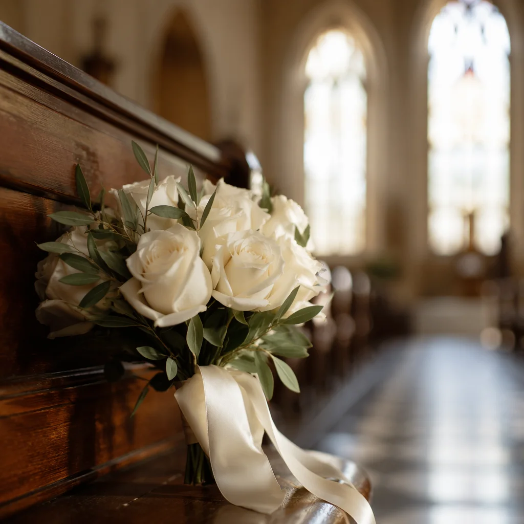 White Rose Wedding Bouquet in Church
