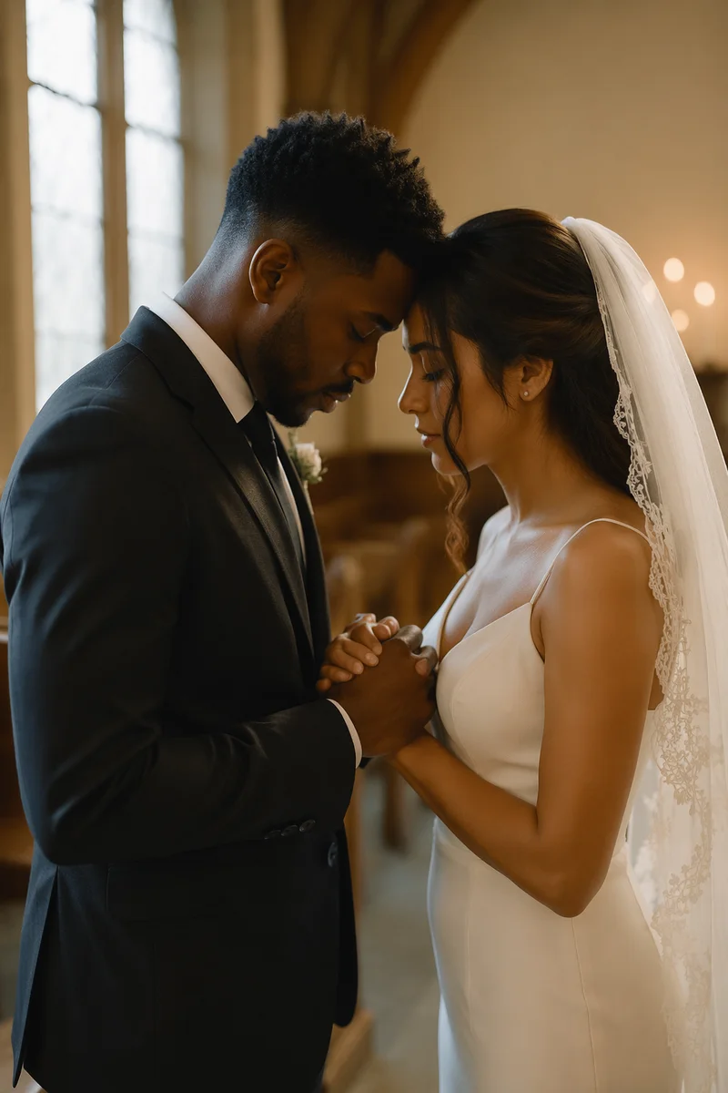 Wedding Couple Praying in Quiet Chapel