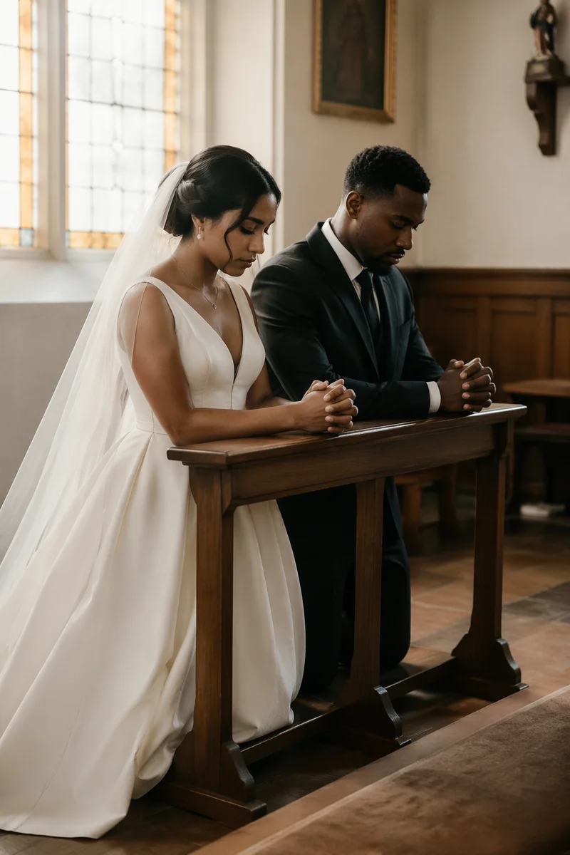 Wedding Couple Praying in Church Chapel