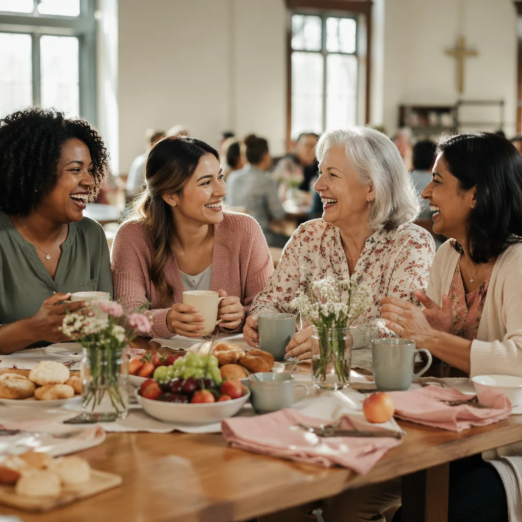 Four Women Laughing at Brunch Table