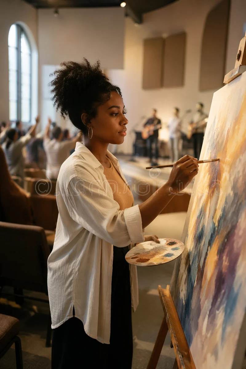 Artist Painting During Church Service